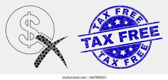 Dotted forbidden dollar mosaic icon and Tax Free seal stamp. Blue vector round grunge seal stamp with Tax Free message. Vector collage in flat style.