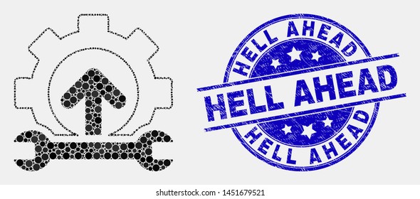 Dotted forward gear repair mosaic pictogram and Hell Ahead seal. Blue vector rounded textured seal stamp with Hell Ahead caption. Vector collage in flat style.