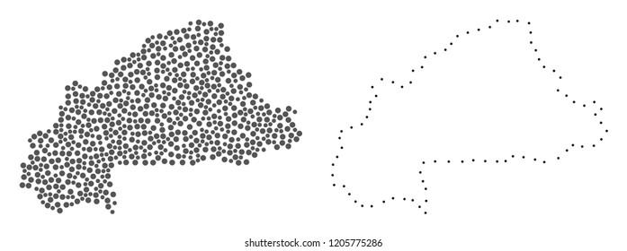 Dotted and Frame map of Burkina Faso designed with dots. Vector grey abstraction of map of Burkina Faso. Connect the dots educational geographic drawing for map of Burkina Faso.