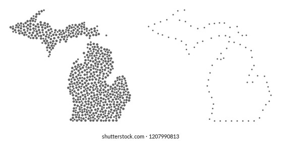 Dotted and Frame map of Michigan State created with dots. Vector gray abstraction of map of Michigan State. Connect the dots educational geographic drawing for map of Michigan State.