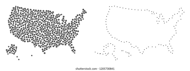 Dotted and Frame map of USA territories created with dots. Vector grey abstraction of map of USA territories. Connect the dots educational geographic drawing for map of USA territories.