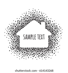 Dotted frame with space for text. House of dots of various size. Black and white vector abstract background.