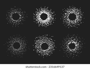 Dotted frames. Abstract round brush textures, circle spotted borders. Rounded specks and spots frame isolated flat vector illustration set