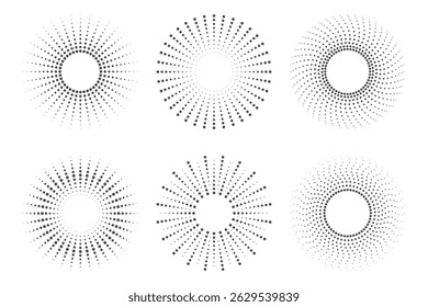 Conjunto de Plantillas gráficas de marcos punteados. Fondos Abstractas de medio tono de puntos distribuidos circularmente aislados sobre el fondo blanco. Ilustración vectorial