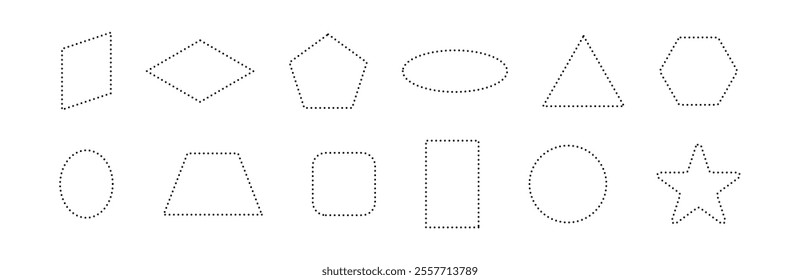 Dotted frames with simple dashed lines. Rectangular and round outline elements for coupon or label shapes. Flat vector illustration isolated on white background.