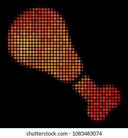 Dotted fried chicken leg icon. Bright pictogram in hot color tones on a black background. Vector halftone concept of fried chicken leg symbol created with spheric dots.