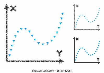 Dotted function graph composition of raggy pieces in different sizes and color hues, based on dotted function graph icon. Vector raggy pieces are organized into collage.