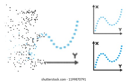 Dotted function graph icon in disappearing, pixelated halftone and undamaged solid versions. Particles are arranged into vector disappearing dotted function graph shape.