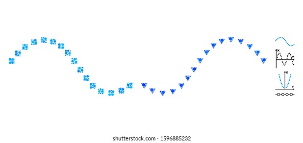 Dotted function line composition of filled circles in various sizes and color tints, based on dotted function line icon. Vector round elements are grouped into blue composition.