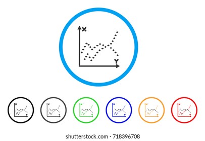 Dotted Functions Plot rounded icon. Style is a flat dotted functions plot grey symbol inside light blue circle with black, gray, green, blue, red, orange color versions.