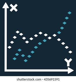 Dotted Functions Plot vector toolbar icon. Style is bicolor flat icon symbol, blue and white colors, dark blue background, rhombus dots.