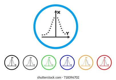 Dotted Gauss Plot rounded icon. Style is a flat dotted gauss plot grey symbol inside light blue circle with black, gray, green, blue, red, orange color versions.