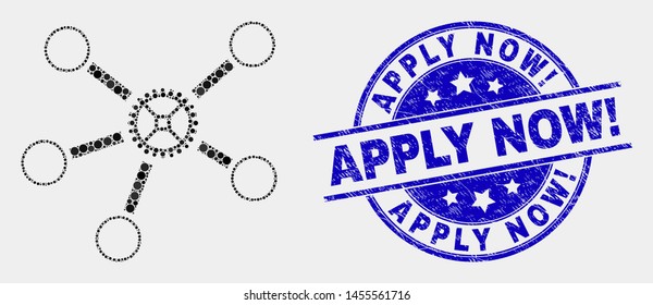 Dotted gear links mosaic icon and Apply Now! seal stamp. Blue vector rounded textured stamp with Apply Now! phrase. Vector collage in flat style. Black isolated gear links mosaic of randomized dots,