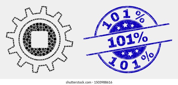 Dotted gear mosaic pictogram and 101 percent seal stamp. Blue vector rounded distress seal stamp with 101 percent message. Vector composition in flat style. Black isolated gear mosaic of scattered