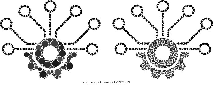 Dotted gear sensor icon. Mosaic gear sensor icon organized from circle parts in various sizes and color tinges. Vector circle dots are arranged into mosaic gear sensor icon.