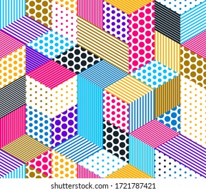 Dotted geometric 3D seamless pattern with cubes, dotty and lined boxes blocks vector background, architecture and construction, wallpaper design.