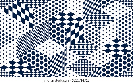 Dotted geometric 3D seamless pattern with cubes, dots and rhombuses chess boards boxes blocks vector background, architecture and construction, wallpaper design.