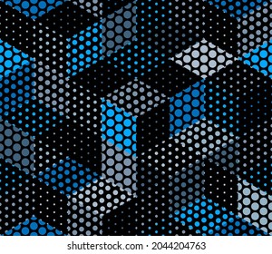 Dotted geometric 3D seamless pattern with cubes, dotty boxes blocks vector background, architecture and construction, wallpaper design.