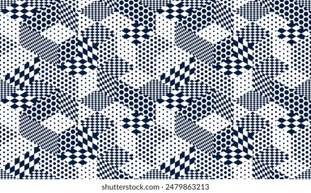 Dotted geometric 3D seamless pattern with cubes, dots and rhombuses chess boards boxes blocks vector background, architecture and construction, wallpaper design.