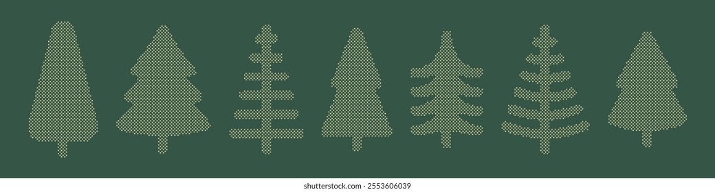 Dotted geometric Christmas tree collection. Set of antidesign elements for New year cards