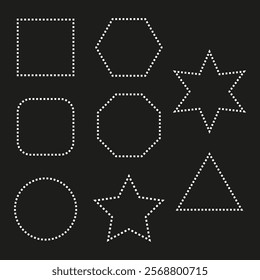 Dotted geometric shapes. Dashed outline forms. Abstract white shapes. Black background design.