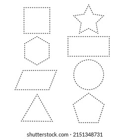Dotted geometric shapes worksheets for kids - coloring, cutting and drawing
Ready-to-print,geometric shapes teaching exercises for kids, geometric shapes exercises worksheets.Vector illustration.