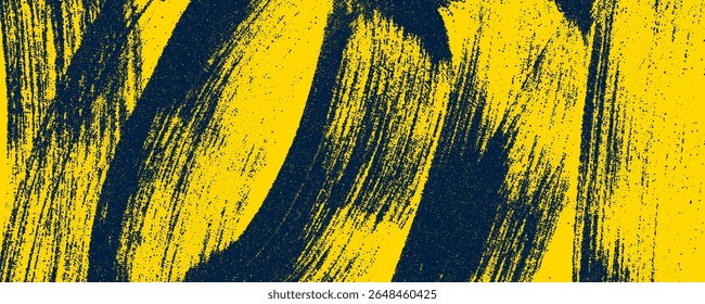 Papel de parede geométrico pontilhado com pontilhado negrito pincel espiral traçados. Linhas de redemoinho preto no plano de fundo amarelo. Esfregaços de efeitos sonoros. Graffiti bg. Cobertura de ruído de areia irritante. Efeito manchas desenhadas à mão.
