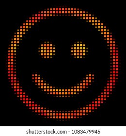 Dotted glad smiley icon. Bright pictogram in fire orange color tints on a black background. Vector halftone mosaic of glad smiley icon created of round items.