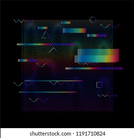 Dotted glitched plain with brocken pixels and holographic lines. Vector illustration in cyberpunk techno style.