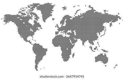 Mapa global pontilhado destacando continentes globais o uso de padrão de círculo e pixel. Arte abstrata usada em tecnologia, nosso mapeamento mundial online e visuais de negócios globais.