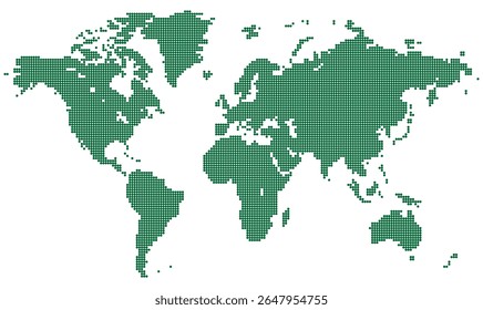 Mapa global pontilhado com bordas internacionais e layout de território baseado em grade. Adequado para shows de terra virtual e ilustrações de amostra global com precisão suave.