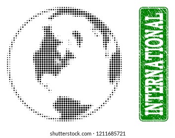 Dotted global map of world and scratched caption. Vector green title inside rounded rectangle and scratched rubber texture. Pixelated global map of world designed with black pattern of round dots.