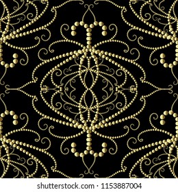 Dotted gold 3d Damask vector seamless pattern. Dots vintage golden ornaments. Abstract decorative ornamental floral background. Patterned ornate design with dotted swirls, flowers, leaves, lines.