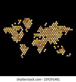 Dotted Gold Colors World Map Isolated on Black. Vector
