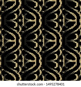 Dotted gold halftone 3d vector seamless pattern. Digital textured surface background. Digital half tone backdrop. Golden vintage arabesque ornament with dots, circles. Ornate endless 3d texture