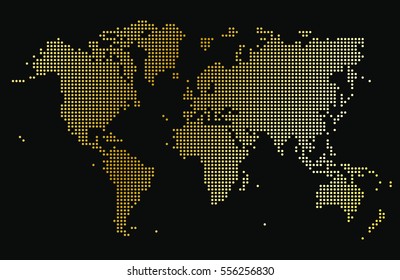 Dotted golden world map, dark gray background
