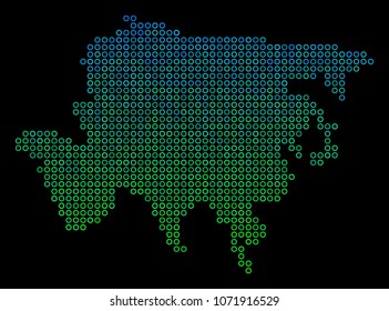 Dotted gradient Asia Map. Vector territorial map in green and blue gradiented color tinges on a black background. Vector mosaic of Asia Map done of circle blots.