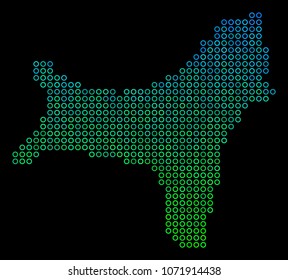Dotted gradient Christmas Island Map. Vector geographical map in green and blue gradiented color tones on a black background. Vector concept of Christmas Island Map designed of empty circles.