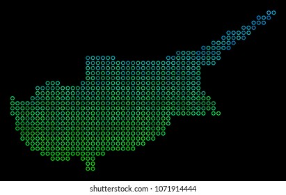 Dotted gradient Cyprus Island Map. Vector territorial map in green and blue gradiented color tones on a black background. Vector composition of Cyprus Island Map done of small spheres.