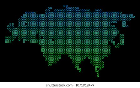 Dotted gradient Eurasia Map. Vector territorial map in green and blue gradiented color shades on a black background. Vector pattern of Eurasia Map combined of empty circles.