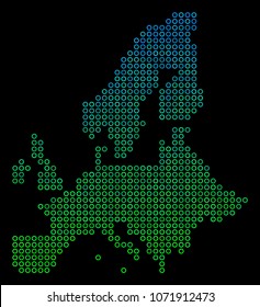 Dotted gradient European Union Map. Vector geographic map in green and blue gradiented color shades on a black background. Vector composition of European Union Map designed of contour spheres.
