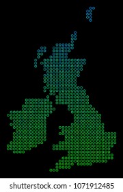 Dotted gradient Great Britain And Ireland Map. Vector geographic map in green and blue gradiented color shades on a black background.