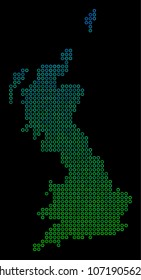 Dotted gradient Great Britain Map. Vector territorial map in green and blue gradiented color tints on a black background. Vector composition of Great Britain Map combined of contour spheres.