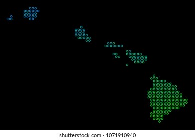 Dotted gradient Havaii Islands Map. Vector geographical map in green and blue gradiented color hues on a black background. Vector composition of Havaii Islands Map organized of empty circles.