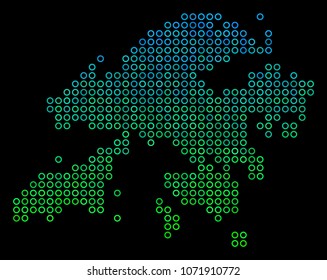 Dotted gradient Hong Kong Map. Vector territory map in green and blue gradiented color shades on a black background. Vector pattern of Hong Kong Map composed of circle items.