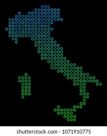 Dotted gradient Italy Map. Vector geographical map in green and blue gradiented color hues on a black background. Vector concept of Italy Map made of circle spots.