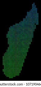 Dotted gradient Madagascar Island Map. Vector geographical map in green and blue gradiented color variations on a black background.