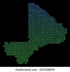 Dotted gradient Mali Map. Vector geographical map in green and blue gradiented color shades on a black background. Vector collage of Mali Map made of circle blots.