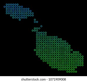 Dotted gradient Malta Island Map. Vector geographical map in green and blue gradiented color tones on a black background. Vector composition of Malta Island Map done of circle blots.
