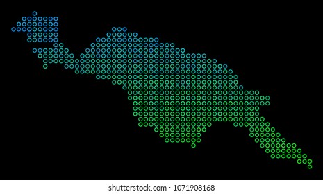 Dotted gradient New Guinea Island Map. Vector geographical map in green and blue gradiented color shades on a black background. Vector concept of New Guinea Island Map combined of sphere dots.
